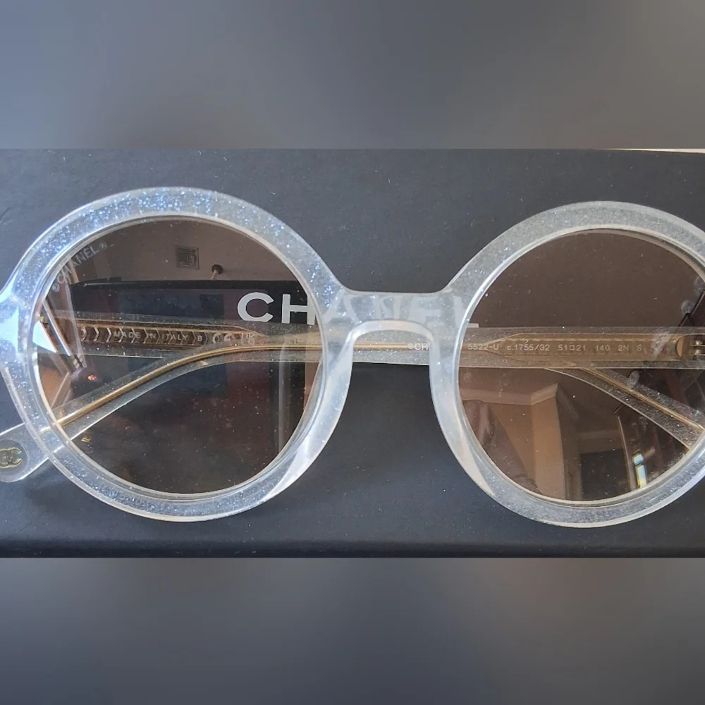 CHANEL Clear glitter shimmer Round Frame Sunglasses with Gray Lenses - Picture 6 of 11